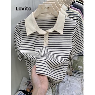 Lovito Casual Camiseta Feminina Listrada Colorblock LNE29048 (Azul/Preto)