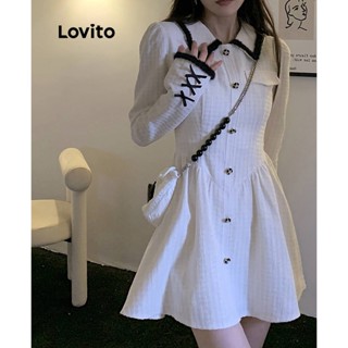 Lovito Casual Vestido Feminino Liso com Botão Bolso Falso e Bainha de Babados LNA29324 (Branco)