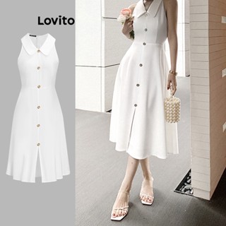 Lovito Elegante Vestido Feminino Liso Evasê com Botão L68ED184 (Branco)
