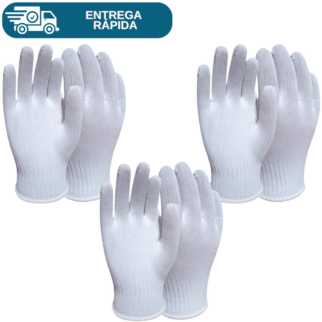 Kit 3 Prs Luva Tricotada Malha Helanca Poliamida Branca De Proteção Lisa P/ Pedreiro Manutenção Epi