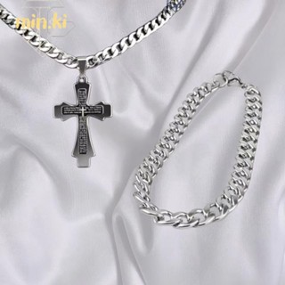 Conjunto de corrente de prata masculina: colar e pulseira de prata com pingente de cruz