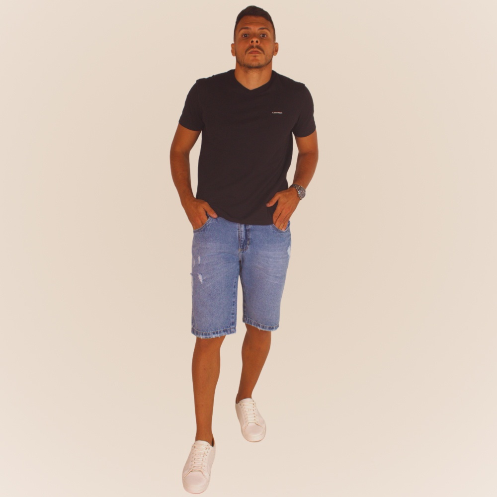 Bermuda Masculina Adulto Jeans Casual Modelo Destroyed Fashion Linha Premium Rasgada com Bolsos em Oferta na Shopee