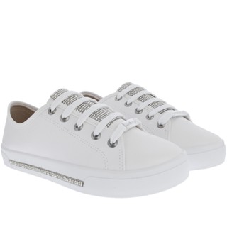 Tênis Moleca Casual Feminino Detalhe Strass Pespontos Branco