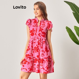 Lovito Vestido Boho Floral com Babados em Camadas e Fenda Frontal para Mulheres LBL06134 (Rosa Choque/Preto e Branco)