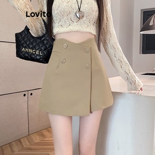 Lovito Elegante Shorts Feminino Liso Assimétrico Cruzado com Botão LNE29498 (Cáqui)