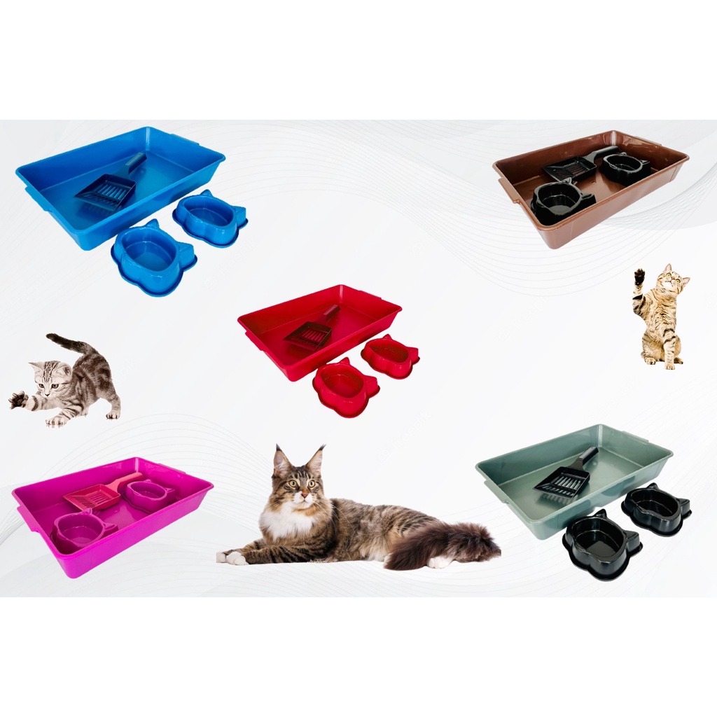 Kit Higienico Sanitário Completo Bandeja Caixa de Areia Comedouro Bebedouro Pá - Gatos