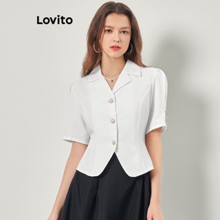 Lovito Elegante Blusa Feminina Lisa com Botão L68ED035 (Verde Claro/Branco)