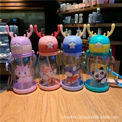Garrafa de água de chifre de 600 ml com canudo e alça, utensílios de bebida de canudo infantil, desenho animado