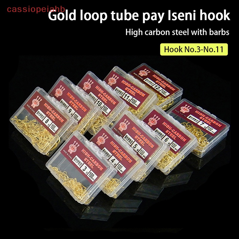 (cassiopeiahb) 100pcs Box Gold Color With Ring Tube Pay Iseini Hooks Barbed High Carbon Steel Sea Fishing Hooks On Sale