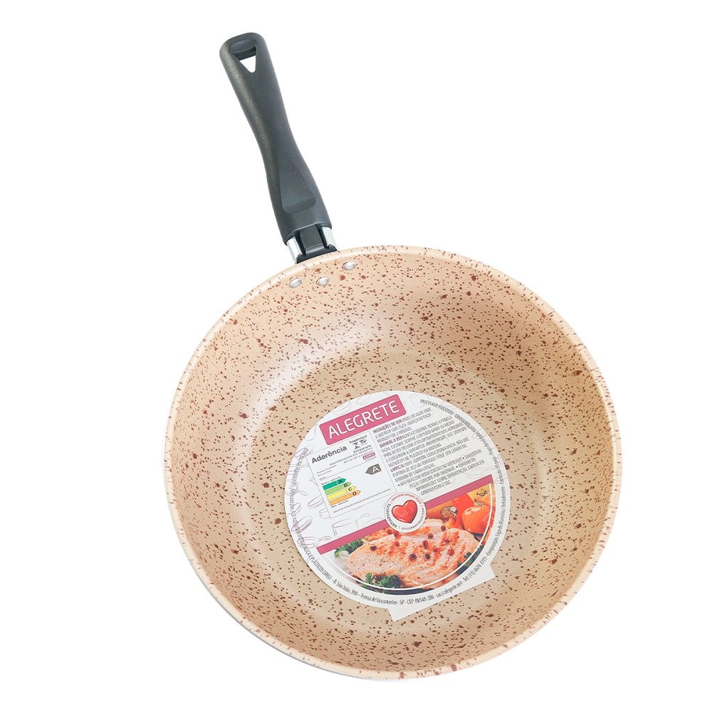 Panela Frigideira Wok 24cm Antiaderente Moderna Funda Redonda Bege p/ Yakisoba Grelhado Carnes Molhos Massas Frituras Refogados