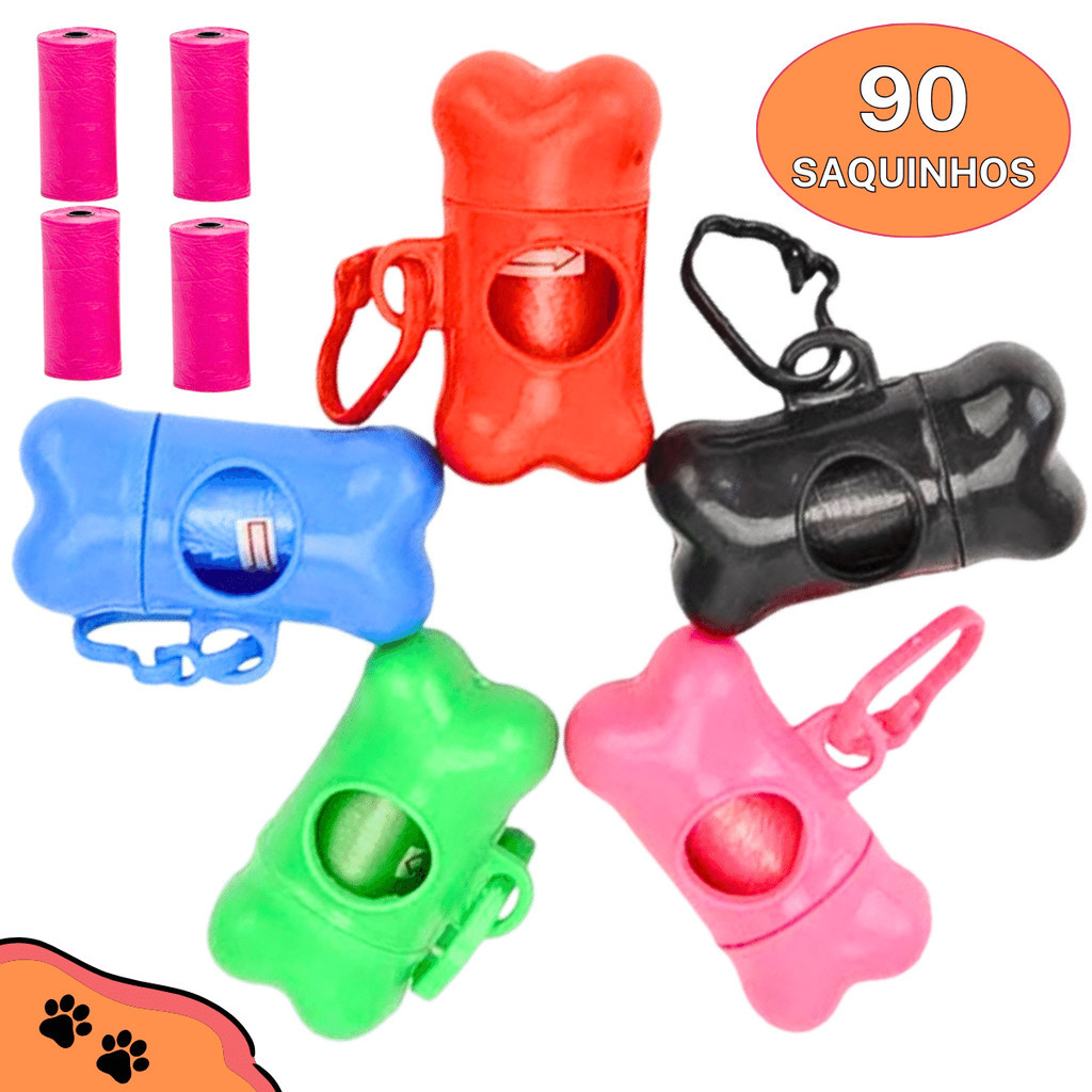 Kit Cata Caca Cachorro Cao Gato Pet com Porta Saquinhos Higienicos Coletor Feses com 5 rolos 90