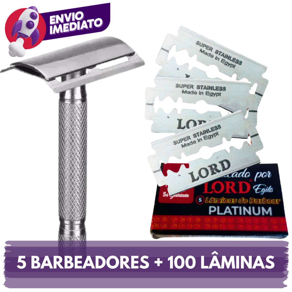 Combo 05 Barbeador Metal Clássico Manual Retrô E Lâmina Descartável Para Barbeador E Navalha
