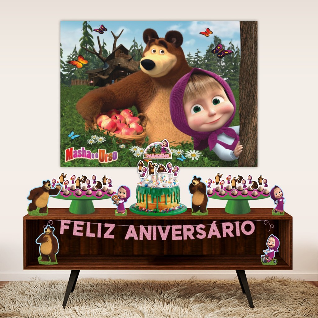 Kit Festa Masha e o Urso 39 Itens com Painel TNT Masha Festa Infantil Decoração Masha Urso