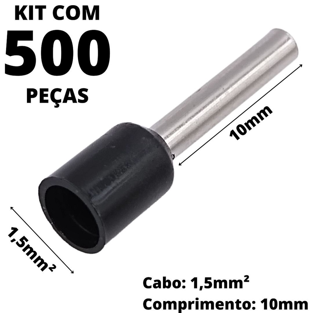 500un Terminal Tubular Ilhós Pré-isolado Simples Para Cabo de 1,5mm² Metal 10mm Preto E1510