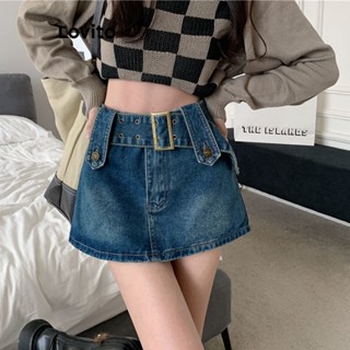 Lovito Saias Jeans com Cinto e Detalhes Metálicos para Mulheres LNA17233 (Azul Escuro)
