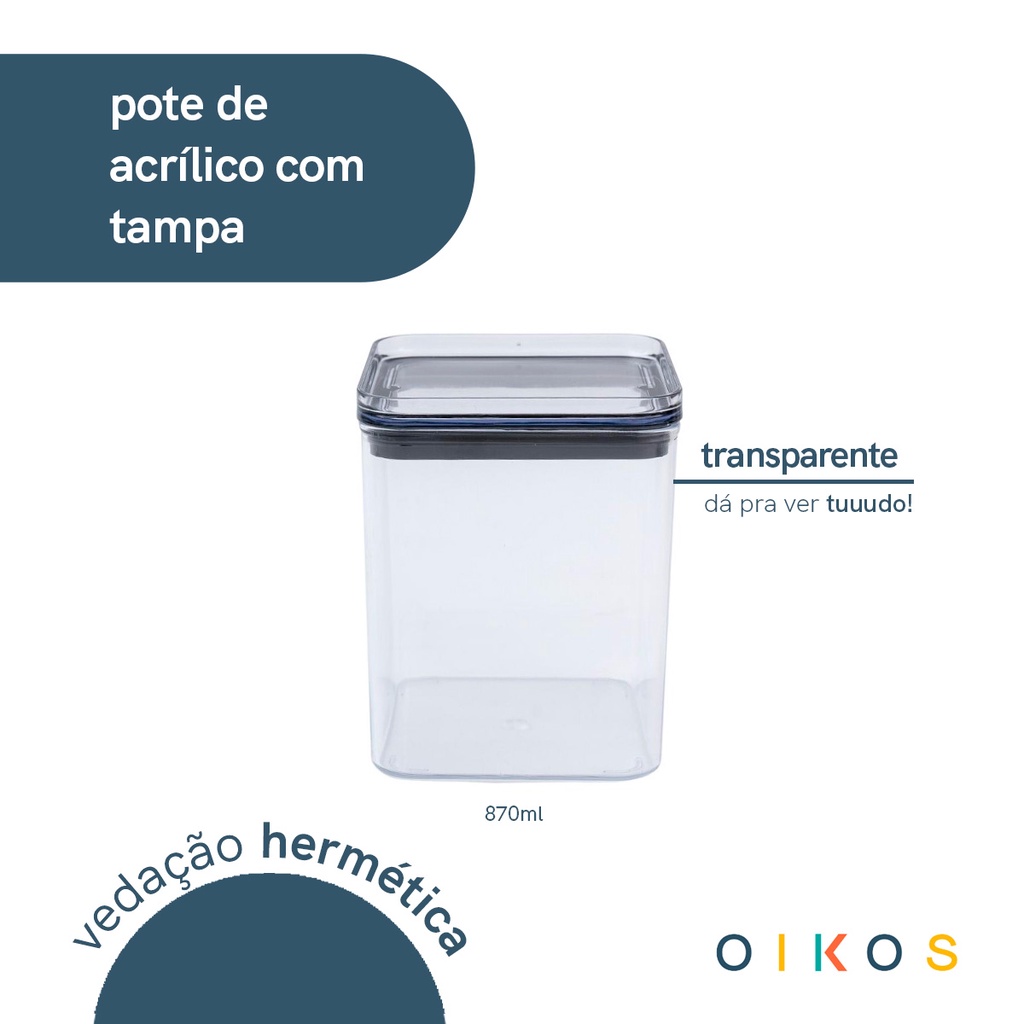 Detalhes do Pote de acrílico 870ml com tampa transparente quadrado empilhável - Oikos