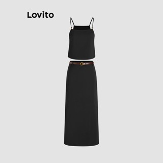 Lovito Conjunto de Saia com Cinto e Fenda, Tecido Liso para Mulheres L61AD098 (Preto)