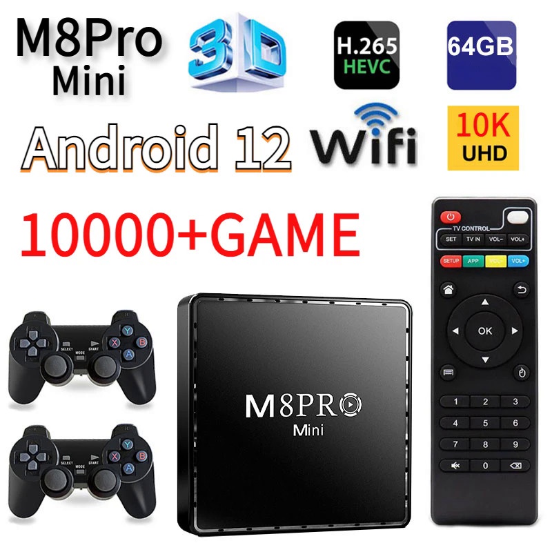 M8Pro Mini Console de Videogames 10K 64G 10000 Jogos Retro Android 12 Smart TV Box iptv wi-fi 2.4G Sistema Duplo H313 Jogo de Vídeo B6DY