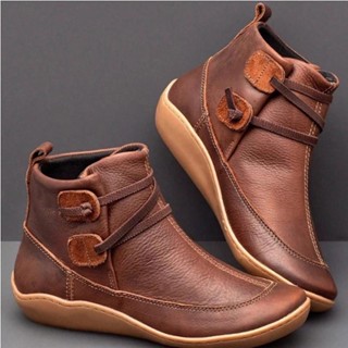 Botas de Tornozelo de Outono Novo Estilo de Pele Feminina de Pele Curta com Laço de Couro Mais Sapatos de Moda à prova d