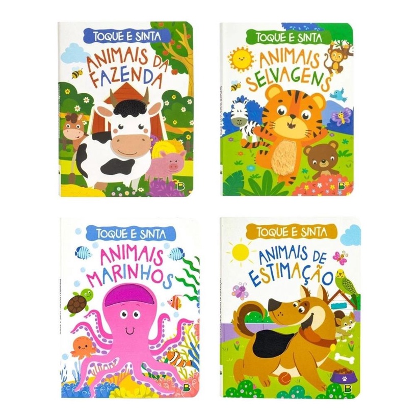 Kit 4 Livros Toque E Sinta - Animais Da Fazenda, Selvagens, Estimacao E Marinhos -Estimulo Sensorial E Visual -Todolivro