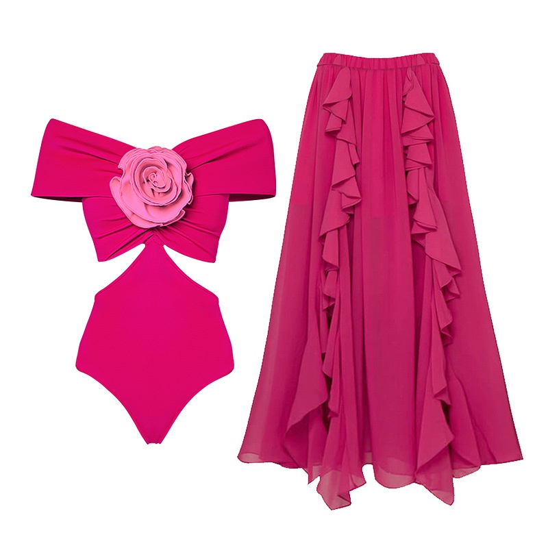 Mulher praia maiô rosa flor maiô conjunto de roupa de banho spa maiô vestido verão