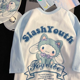 Bonito Desenho Animado Sanrio Kuromi Cinnamoroll Melody Print Splicing T-shirt De Manga Curta 2023 Summer New Fashion Loose Versatile Women