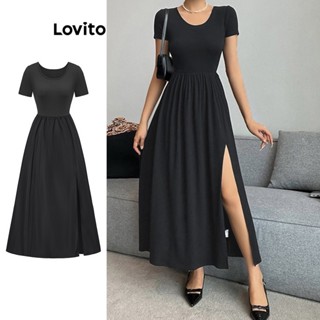 Lovito Elegante Liso Vestido Feminino com Tecido de Costura Franzida e Fenda L65ED152 (Preto)