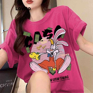 Lovito Camiseta com Letras de Desenho Animado e Manga Curta para Mulheres LNE17064 (Rosa Choque)