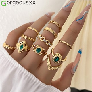 Novo Conjunto De Anéis Criativos Estrela Do Amor Corações De Para Mulheres Geometria Retro Verde Ouro Rhinestone Festa Feminina Jóias