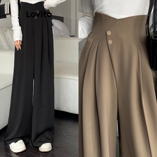 Lovito Elegante Calça Feminino Lisa Drapeada com Botão e Bolso L71ED109 (Cáqui/Preto)