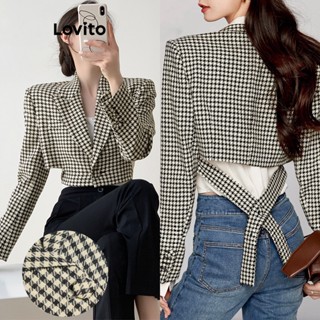 Lovito Casual Blazer Feminino Estampa Pied de Poule com Cinto Botão L70AD131 (Multicor)