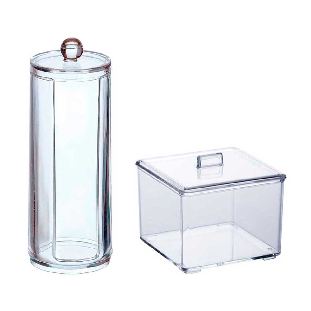 Kit Porta Algodão Disco Quadrado Redondo Tampa Acrílico Organizador Lavabo Lenço Cosmético Maquiagem Penteadeira Bancada