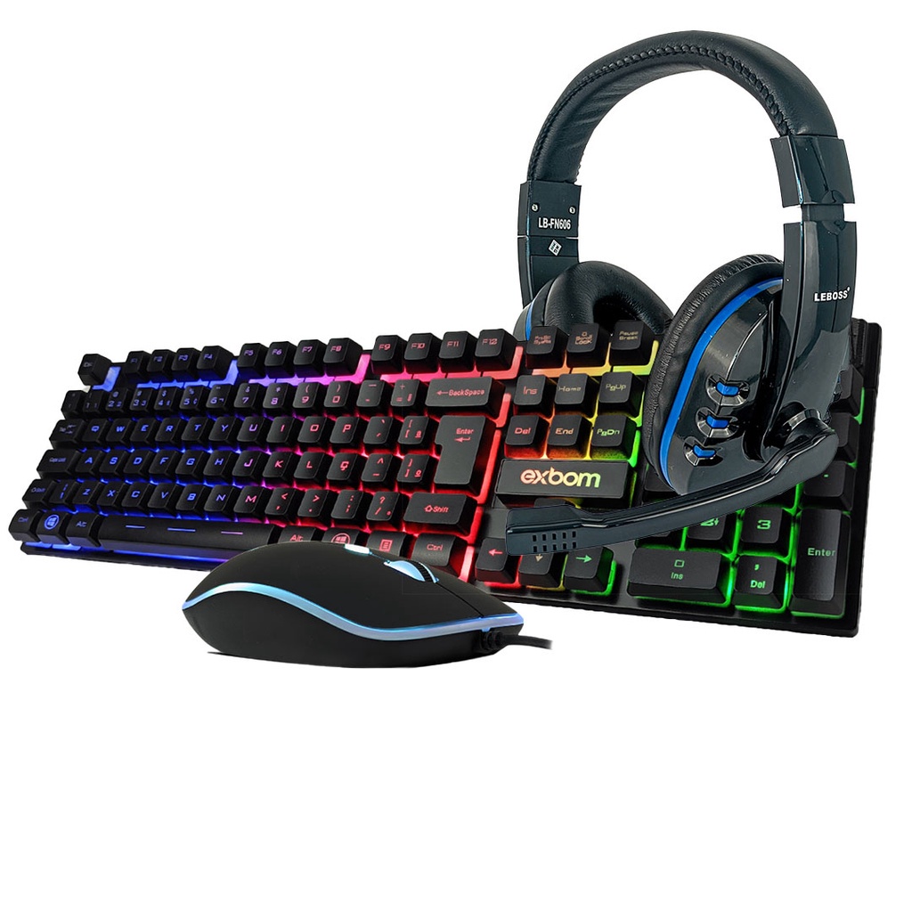 Kit Teclado e Mouse Multimidia LED RGB + Fone de Ouvido Azul Headset Gamer c/ Led Microfone