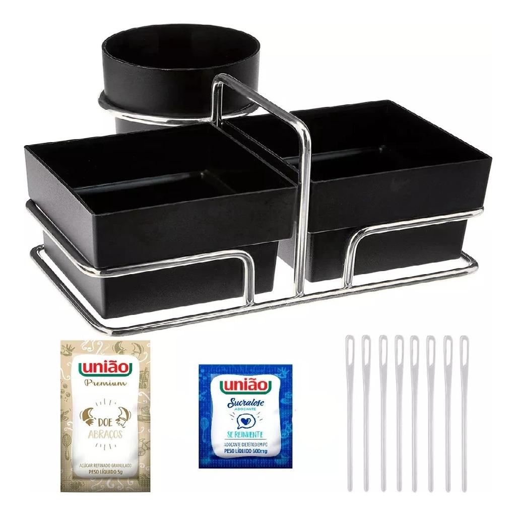 Suporte Cafe Porta Saches + Kit 50 Açucar Adoçante Mexedor