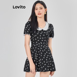 Lovito Boho Vestido Feminino com Estampa Floral e Gola de Babados L68ED318 (Preto)