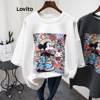 Lovito Casual Camiseta De Tamanho Grande Com Estampa De Desenhos Animados para Mulheres LNE21024 (Branco)