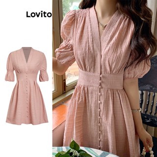 Lovito Casual Vestido Feminino Liso com Botão e Babados L74ED343