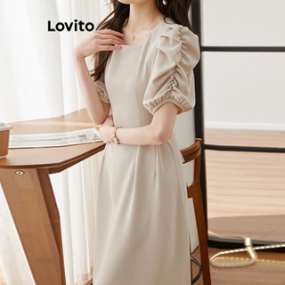 Lovito Vestido Elegante Liso Franzido Para Mulheres LNA35037 (Cáqui)