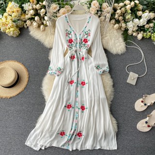Férias Vestido Longo Feminino Primavera 2023 Novo Retro Estilo Étnico Bordado Ocidental De Manga De Bolha