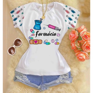 Tshirts feminina poliéster manga estampada - Farmácia
