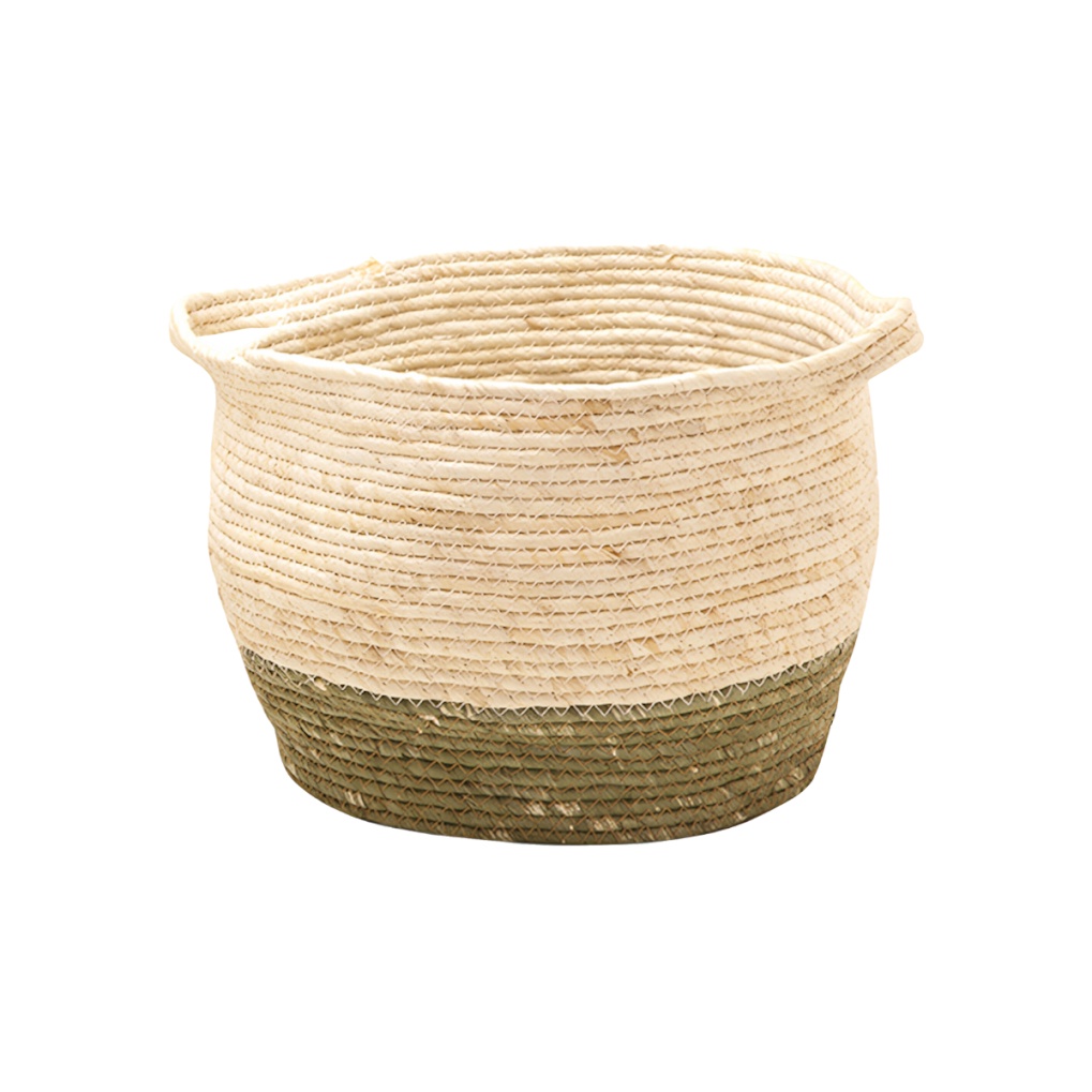 Cesto Decorativo Em Fibra Natural Trançada Com Alça Grande Resistente Verde e Cru Natural Organizador Sala Quarto Escritório Porta Objetos Manta