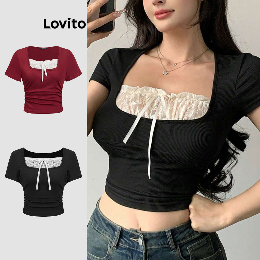 Lovito Camiseta Feminina Fofa Com Laço De Renda Liso E Costura Em Tecido L90ad007 (multicolorida) em Oferta na Shopee