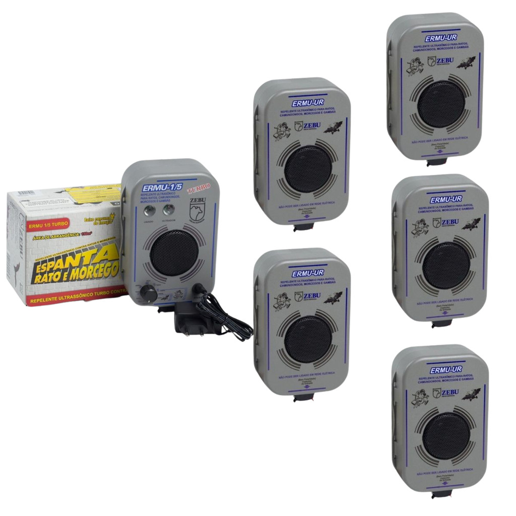 REPELENTE ESPANTA RATOS  E MORCEGOS ULTRASSONICO SONORO ZEBU + 5 EMISSORES ZEBU