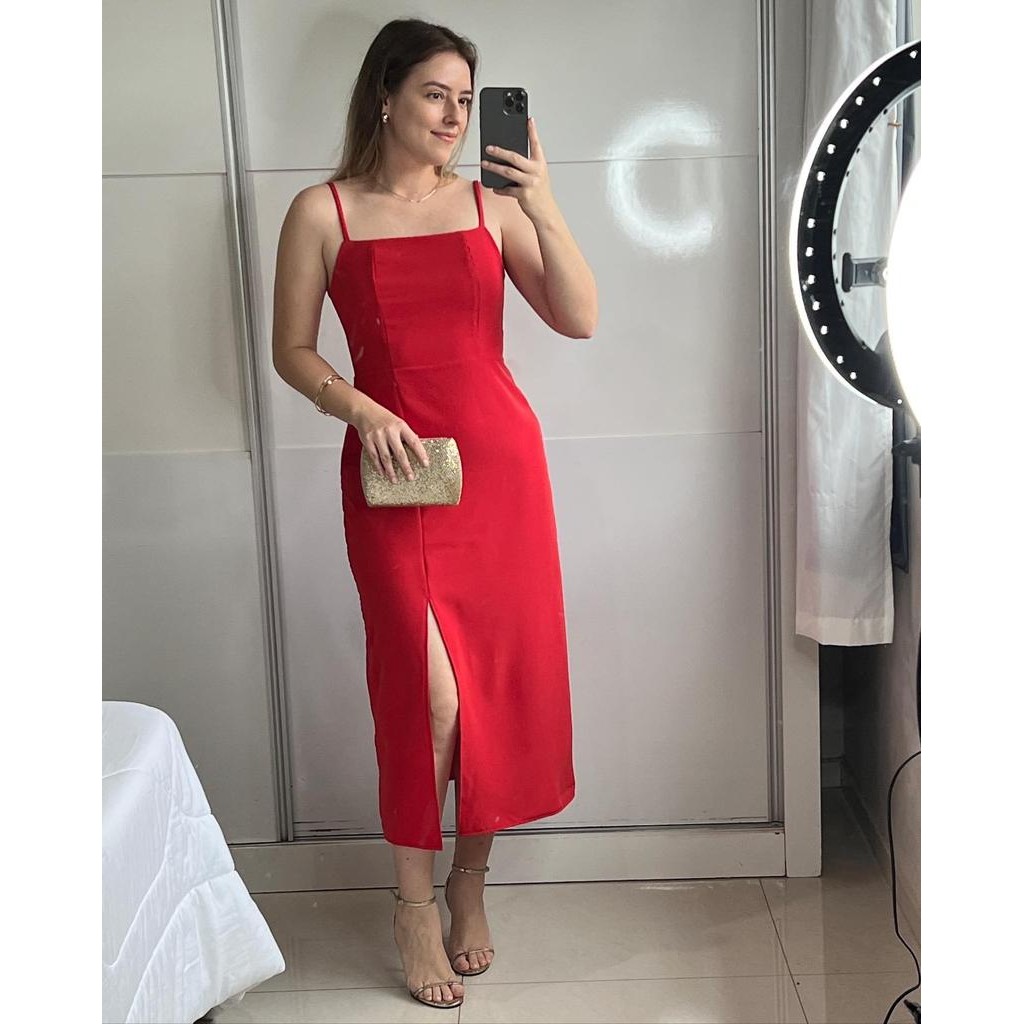 Vestido Clássico Midi de Alcinha Alças Finas
