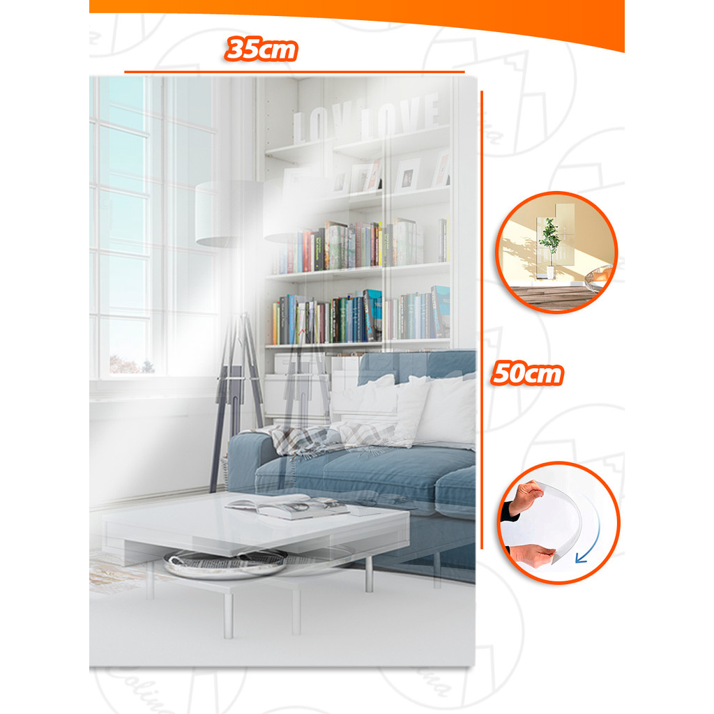 Kit 1/2/3/4 Espelho Adesivo Acrílico Retangular Decorativo 50x35cm