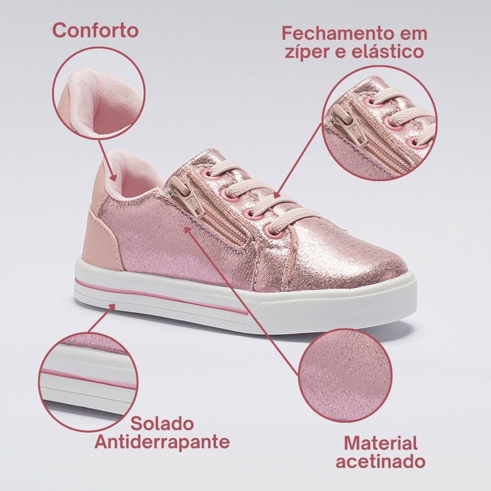 Detalhes do Tênis Infantil Menina Casual Acetinado Calce Fácil Zíper Dourado Pequito