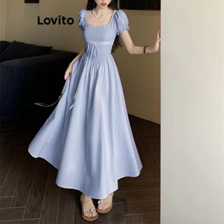Lovito Vestido com Mangas Bufantes e Detalhes de Renda para Mulheres LNE17015 (Azul)