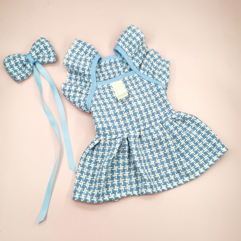 Detalhes do Roupas De Cachorro Azul Xadrez Para Shih Tzu Teddy Flying Sleeve Skirt Animal De Estimação Conjunto De Espartilho De Laç