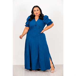 Vestido Feminino Jeans Moda Evangélica Longa Elastano Nadia