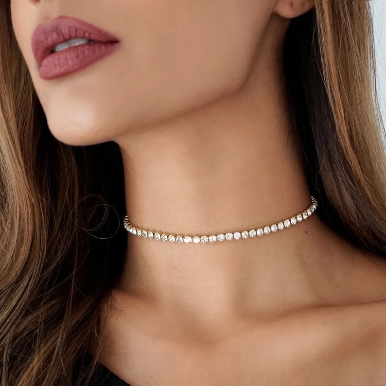 Gargantilha Choker Riviera Cristal Zircônia folheado A Ouro 18k Antialérgico Validade 3 meses
